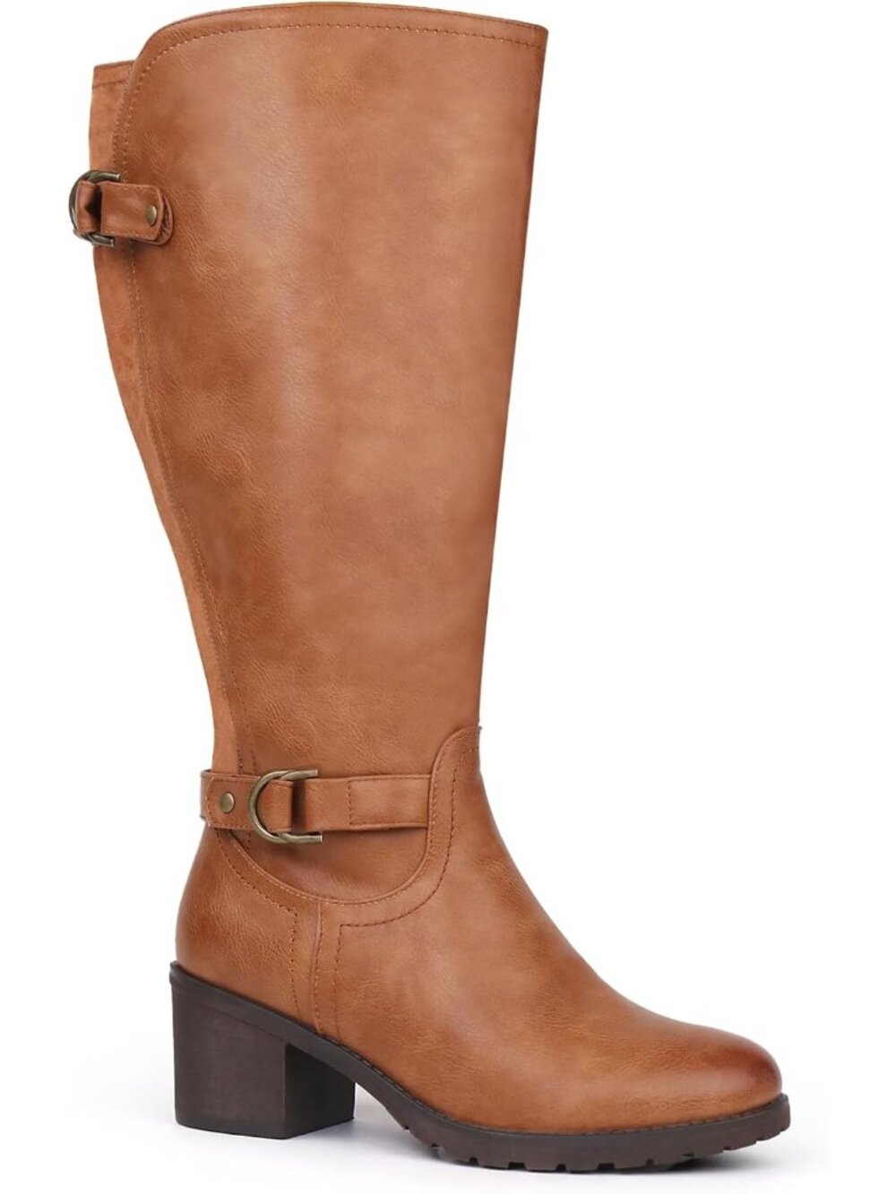 Women's Tan Wide Calf Knee High Riding Boots Double Buckle Block Heel Round Toe